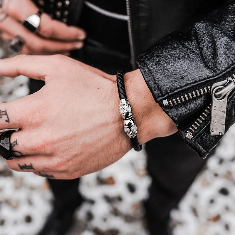 Genuine Leather Silver Twin Skull Bracelet