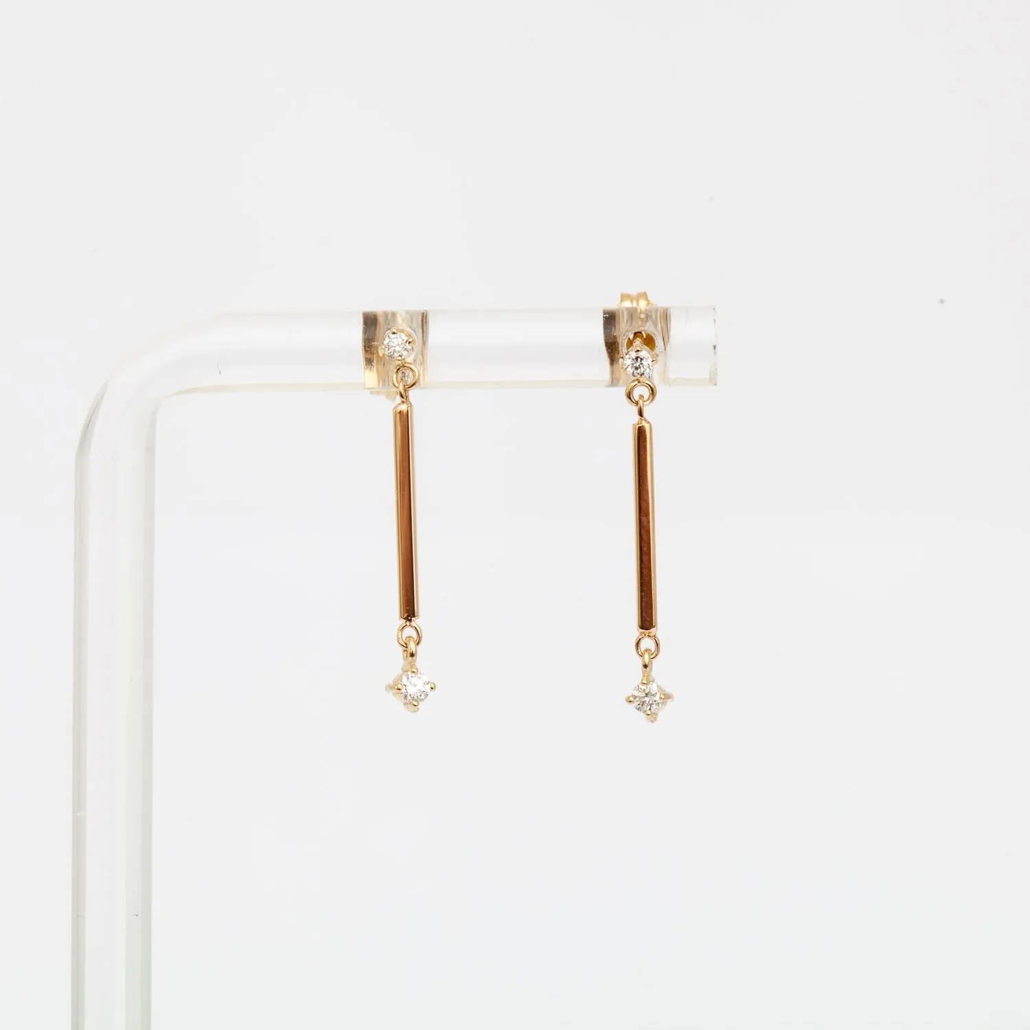 Gold Bar & Double Prong Diamond Drop Earrings