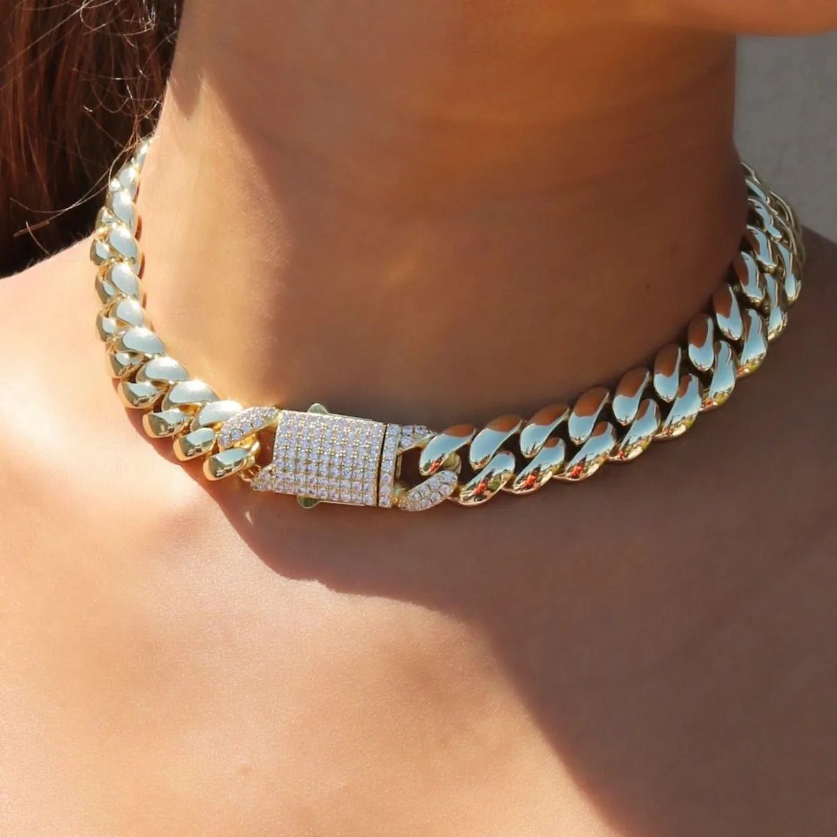 Gold Curb Chain Pave Lock Necklace