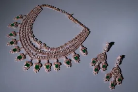 Grace Emerald Green Chandelier Statement Necklace Set Designer Rose Gold Plated Fashion Jewelry by Jaipur Rose Indian Jewelry Online