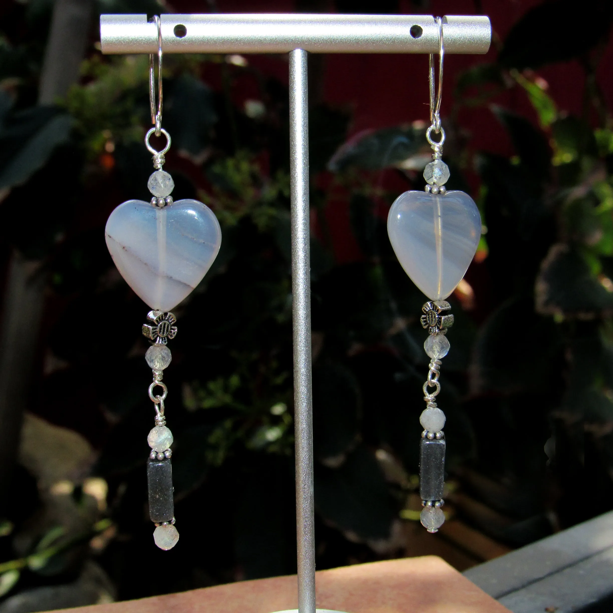 Grey Agate gemstone Hearts, Labradorites, Black Moonstones, Sterling Silver Drop Earrings