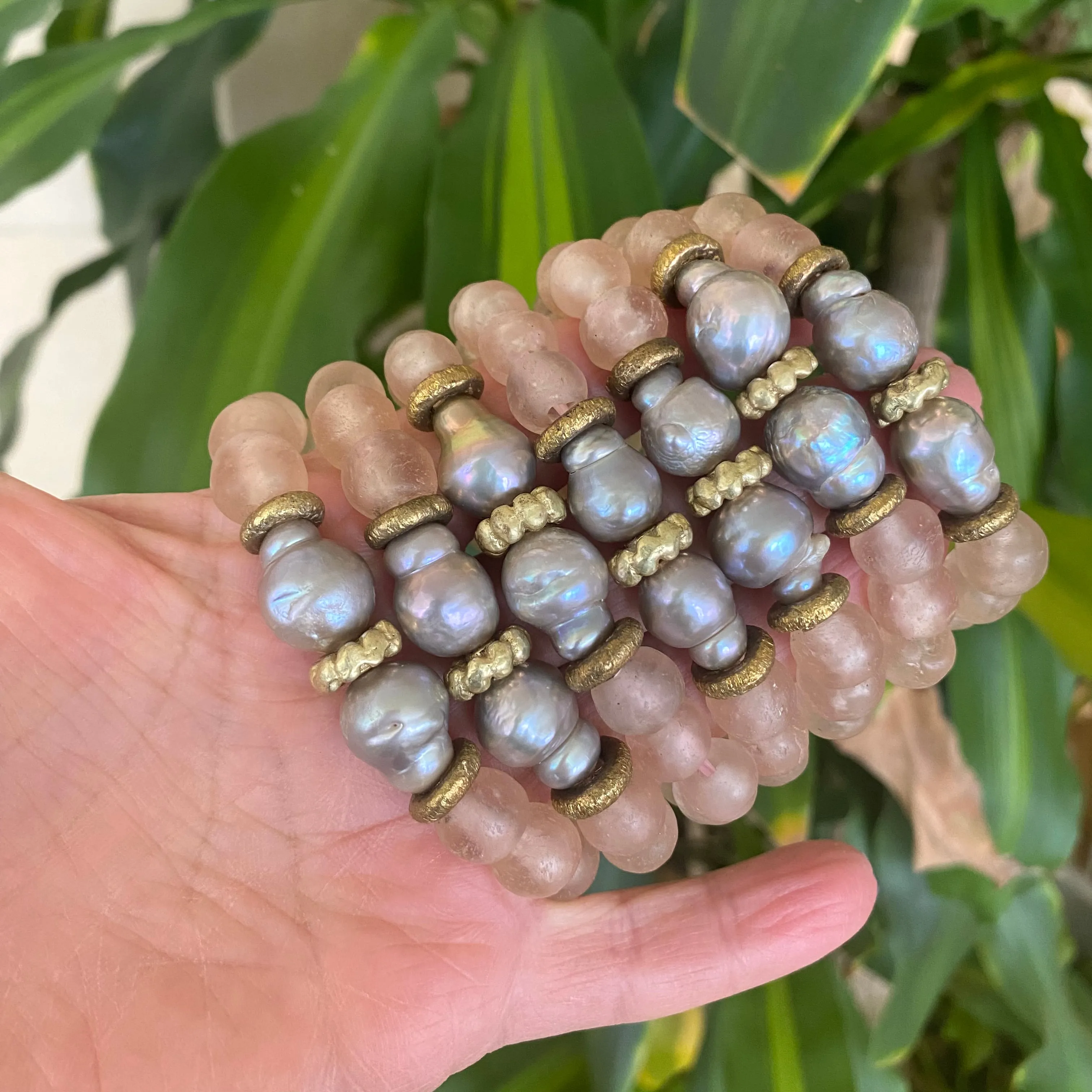 Grey Baroque Pearl Bracelet, Pale Pink African Tribal Recycled Glass, Sea Glass Beaded Bracelet