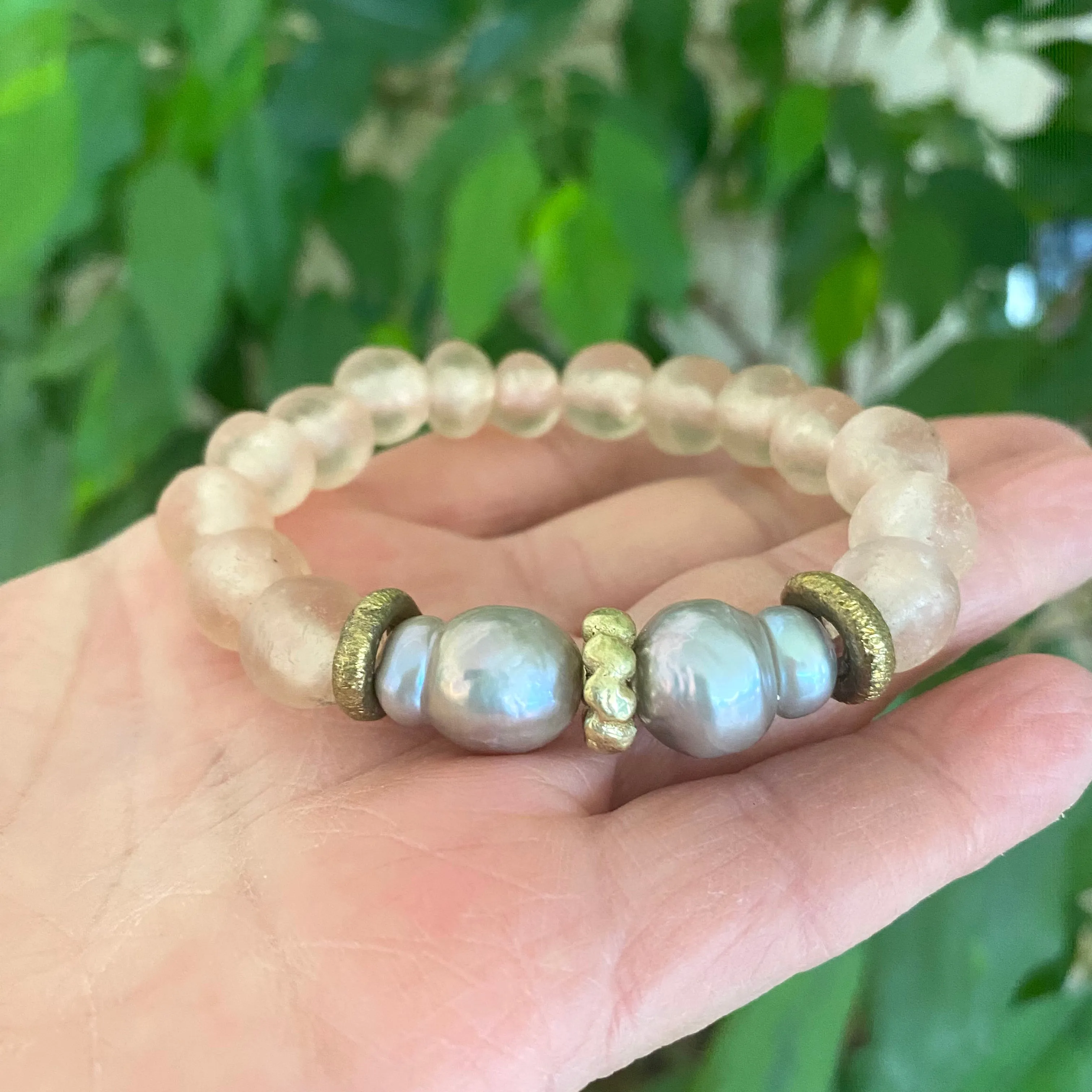 Grey Baroque Pearl Bracelet, Pale Pink African Tribal Recycled Glass, Sea Glass Beaded Bracelet