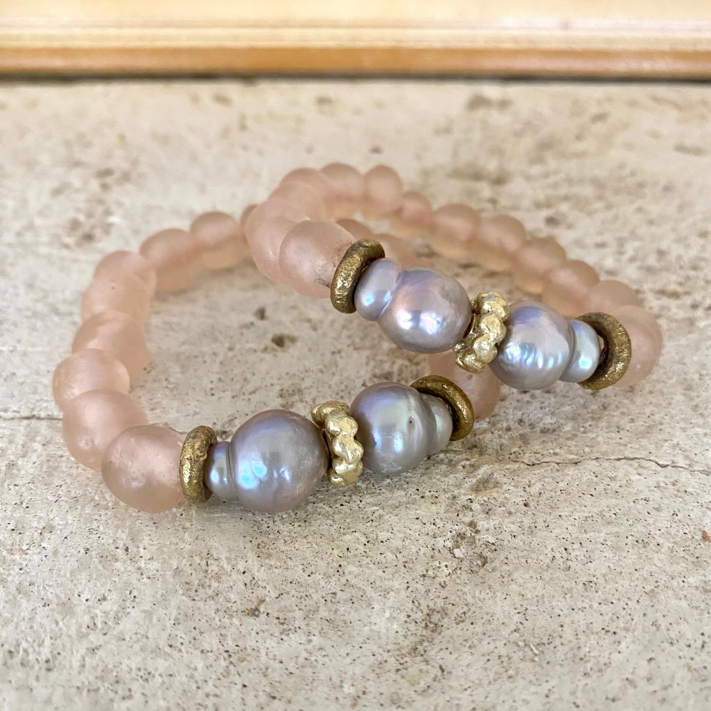 Grey Baroque Pearl Bracelet, Pale Pink African Tribal Recycled Glass, Sea Glass Beaded Bracelet