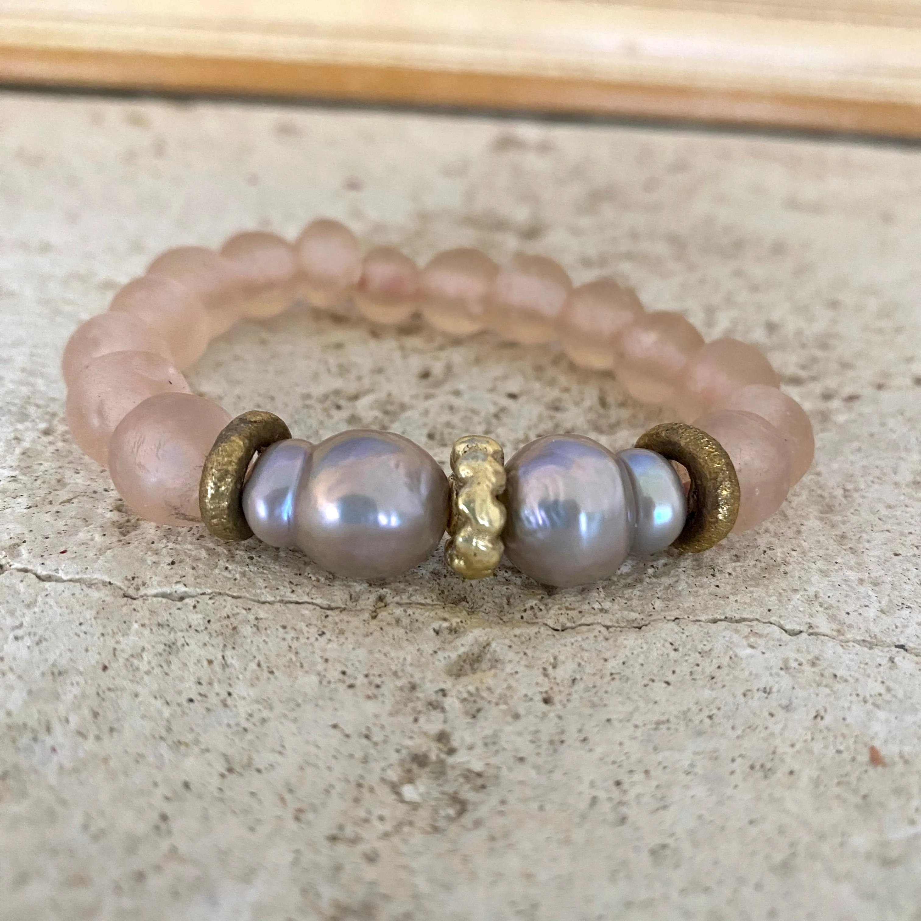 Grey Baroque Pearl Bracelet, Pale Pink African Tribal Recycled Glass, Sea Glass Beaded Bracelet