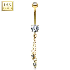 Hanging Jeweled Dangle 14 Karat Solid Yellow Gold CZ Prong WildKlass Navel Ring