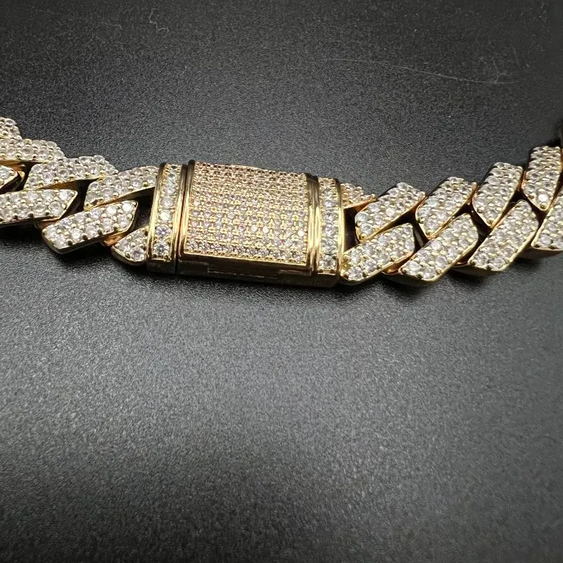 Hip Hop 14mm New Double Row Full Diamond Box Buckle Cuban Chain   Bracelet Set