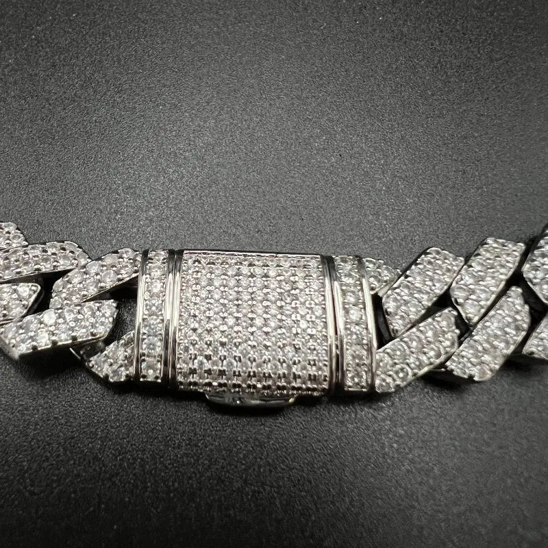 Hip Hop 14mm New Double Row Full Diamond Box Buckle Cuban Chain   Bracelet Set