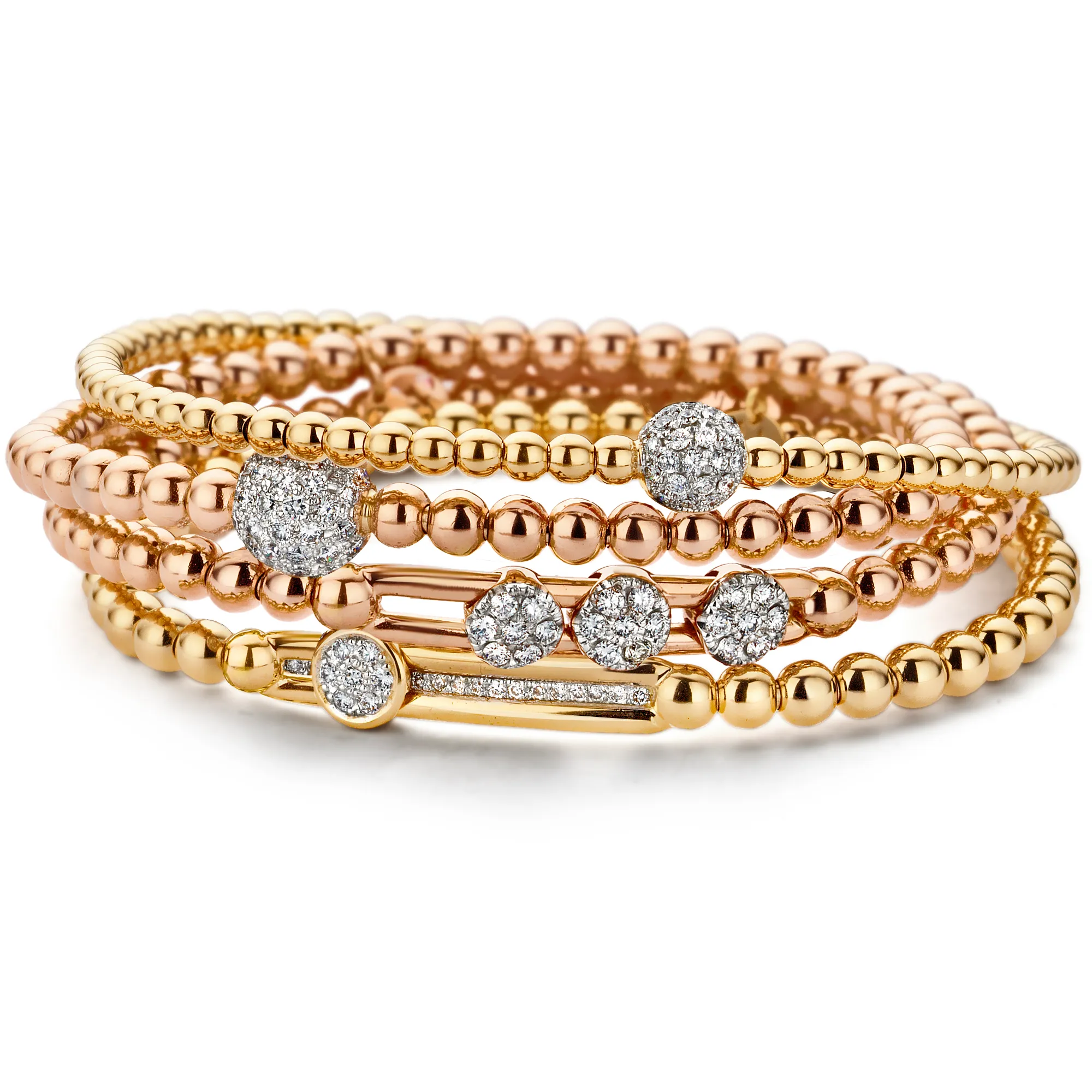 Hulchi Belluni Fidget Bracelet with Three Pave Diamond Moveable Heart Stations Yellow Gold Stretch Stackable