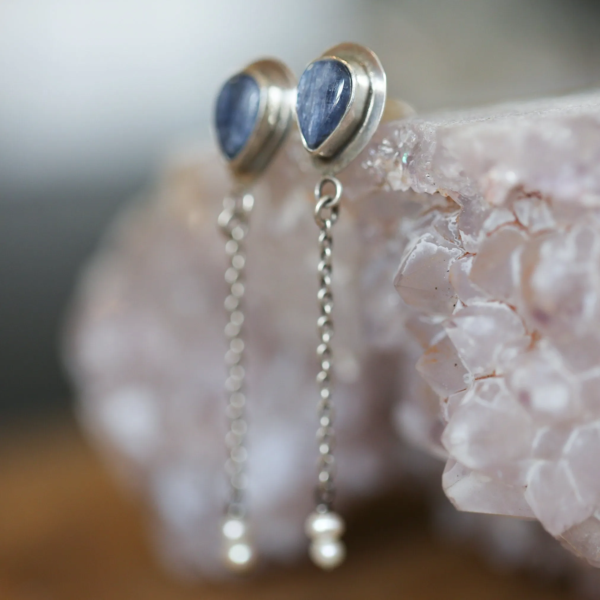 Kyanite Pearl Earrings - Boho Blue Kyanite Earrings - Silversmith - Sterling Silver