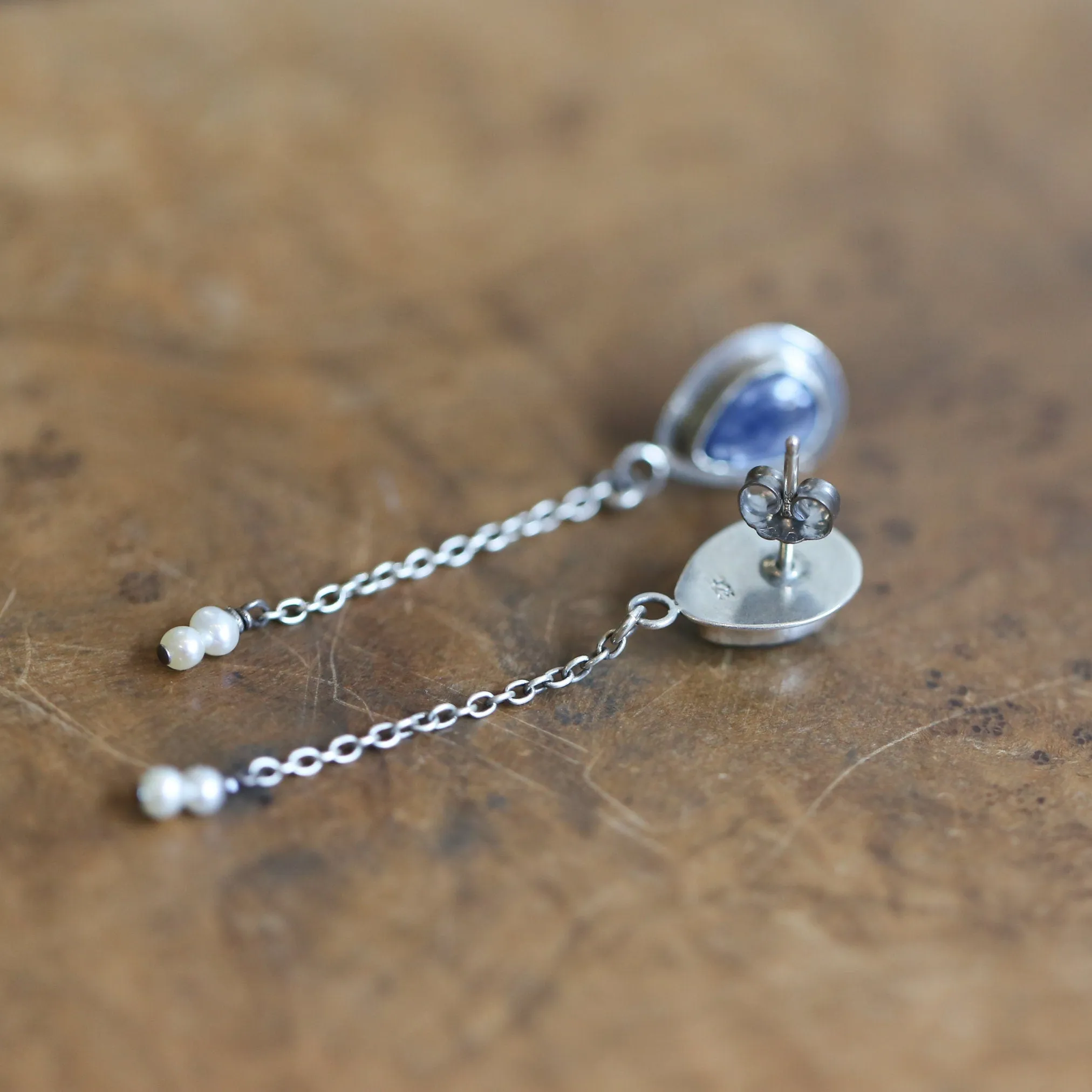 Kyanite Pearl Earrings - Boho Blue Kyanite Earrings - Silversmith - Sterling Silver