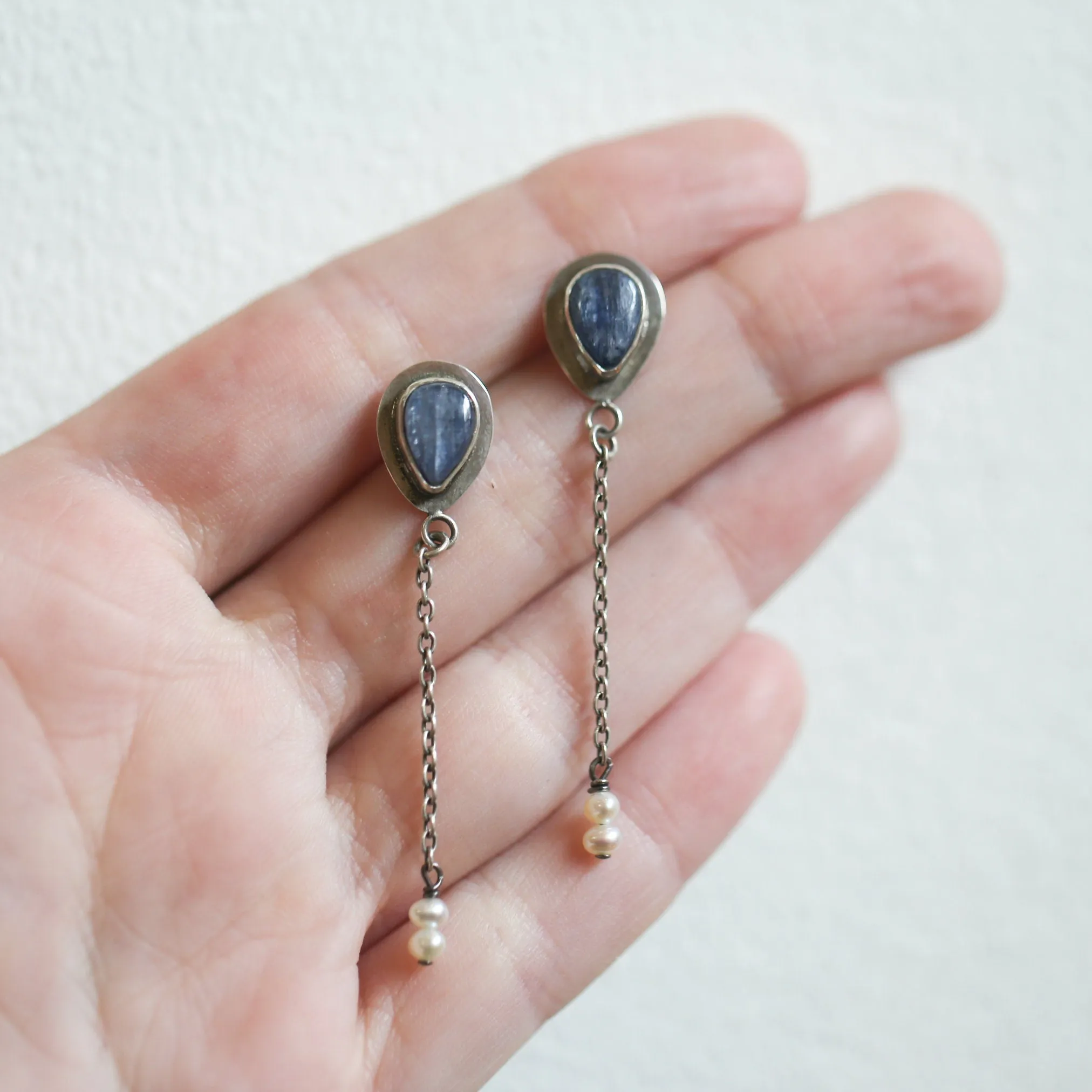 Kyanite Pearl Earrings - Boho Blue Kyanite Earrings - Silversmith - Sterling Silver