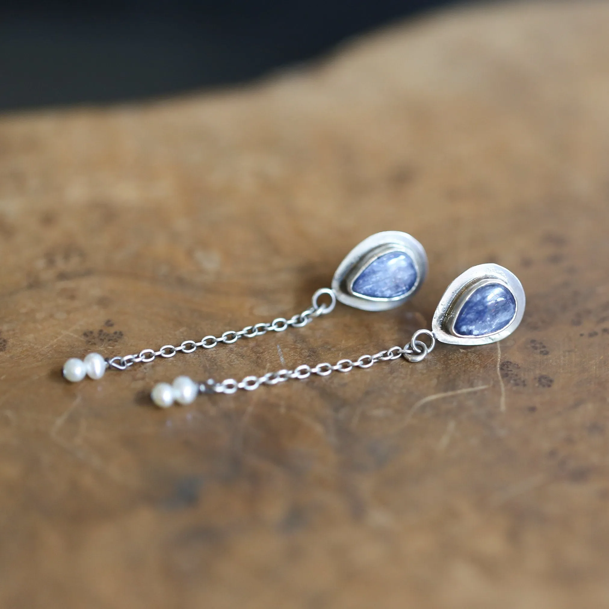 Kyanite Pearl Earrings - Boho Blue Kyanite Earrings - Silversmith - Sterling Silver