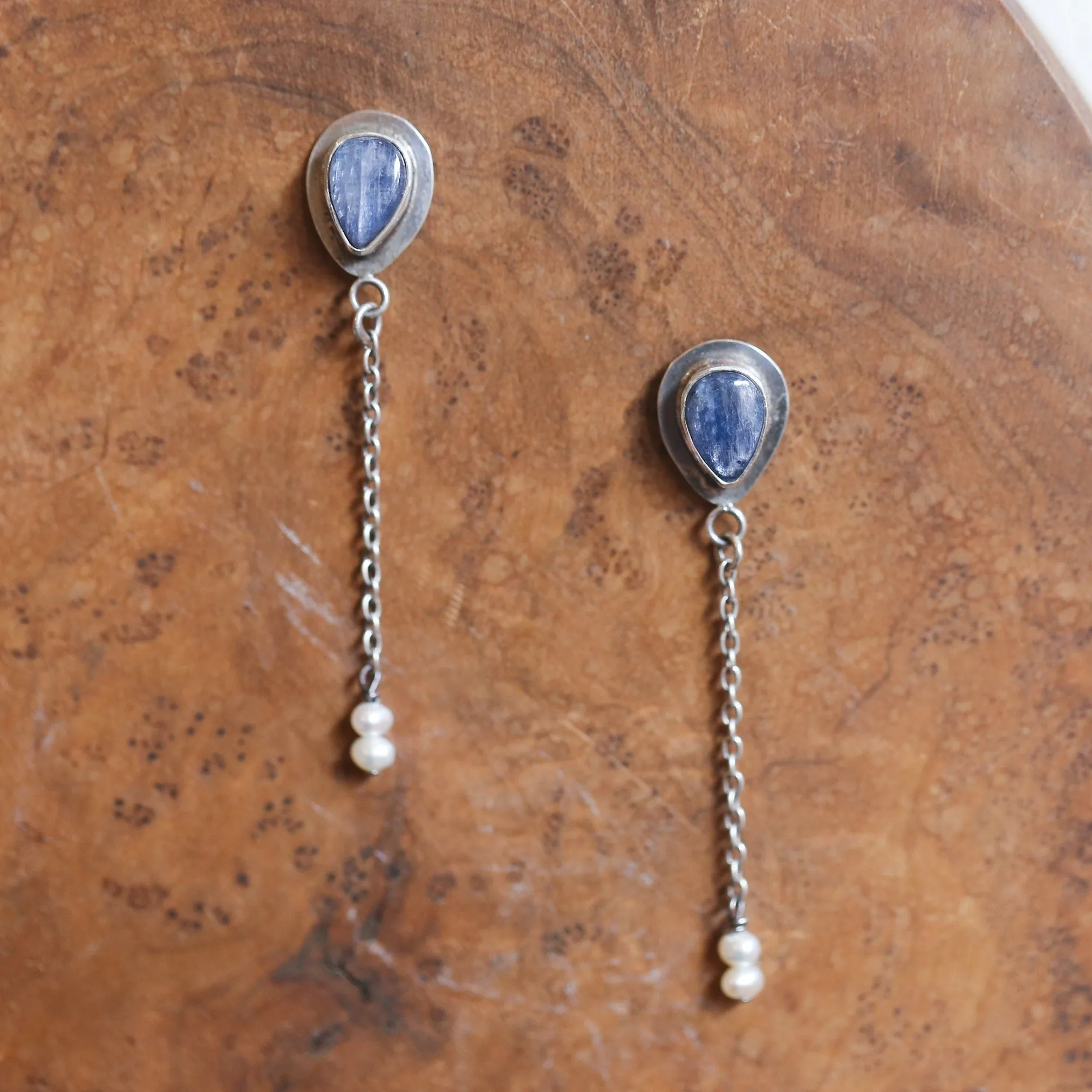 Kyanite Pearl Earrings - Boho Blue Kyanite Earrings - Silversmith - Sterling Silver