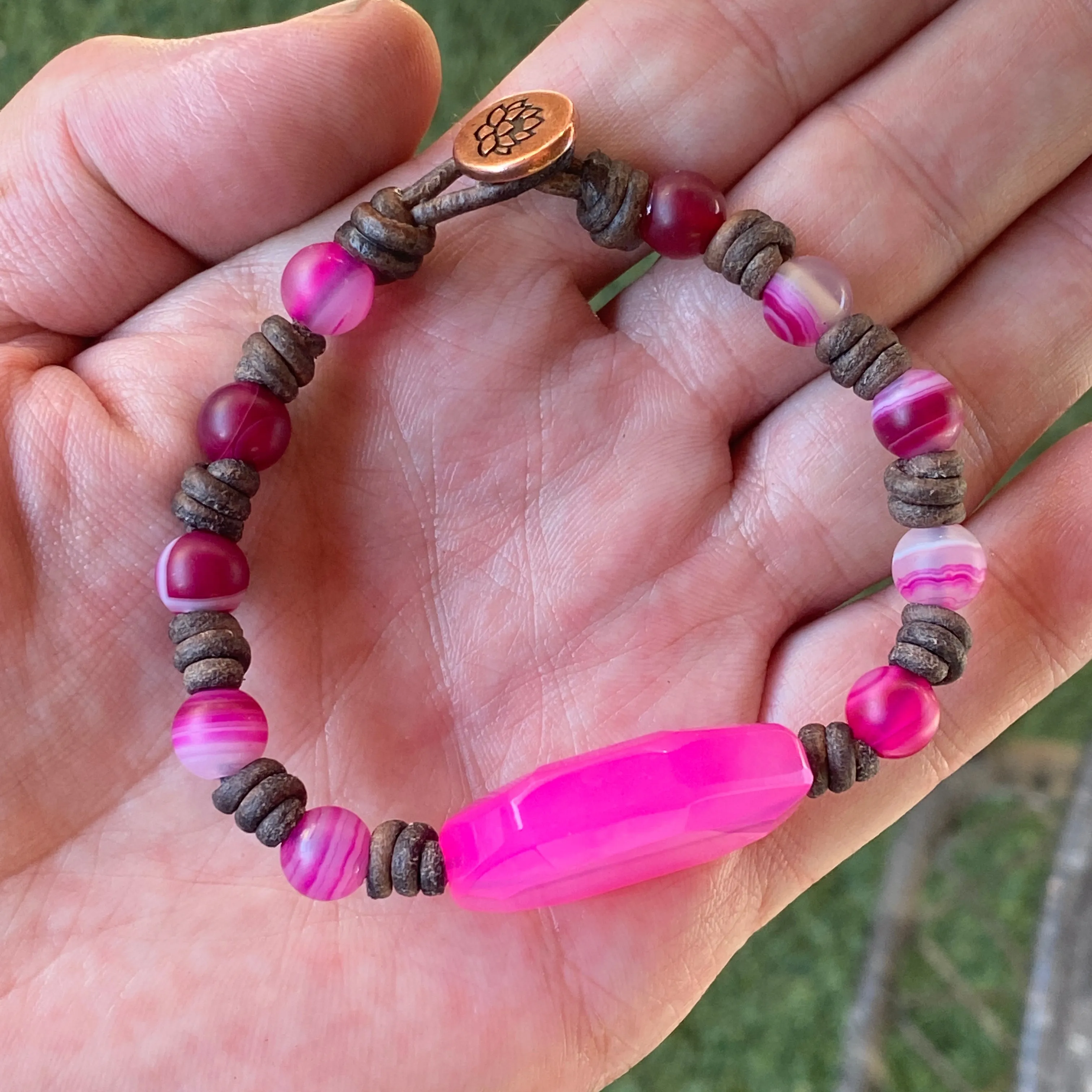 Leather and Pink Agate  Hand Knotted Bracelet