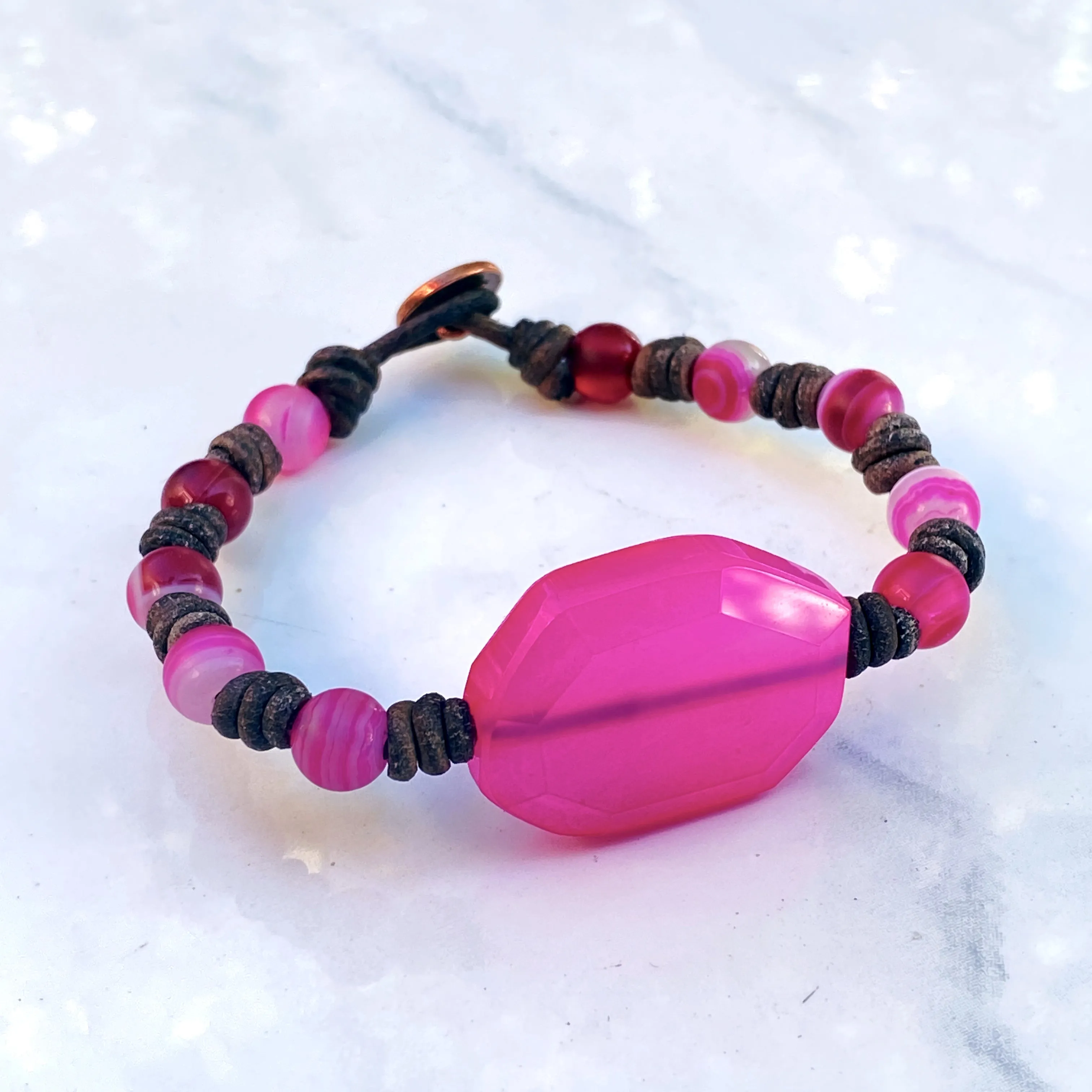 Leather and Pink Agate  Hand Knotted Bracelet