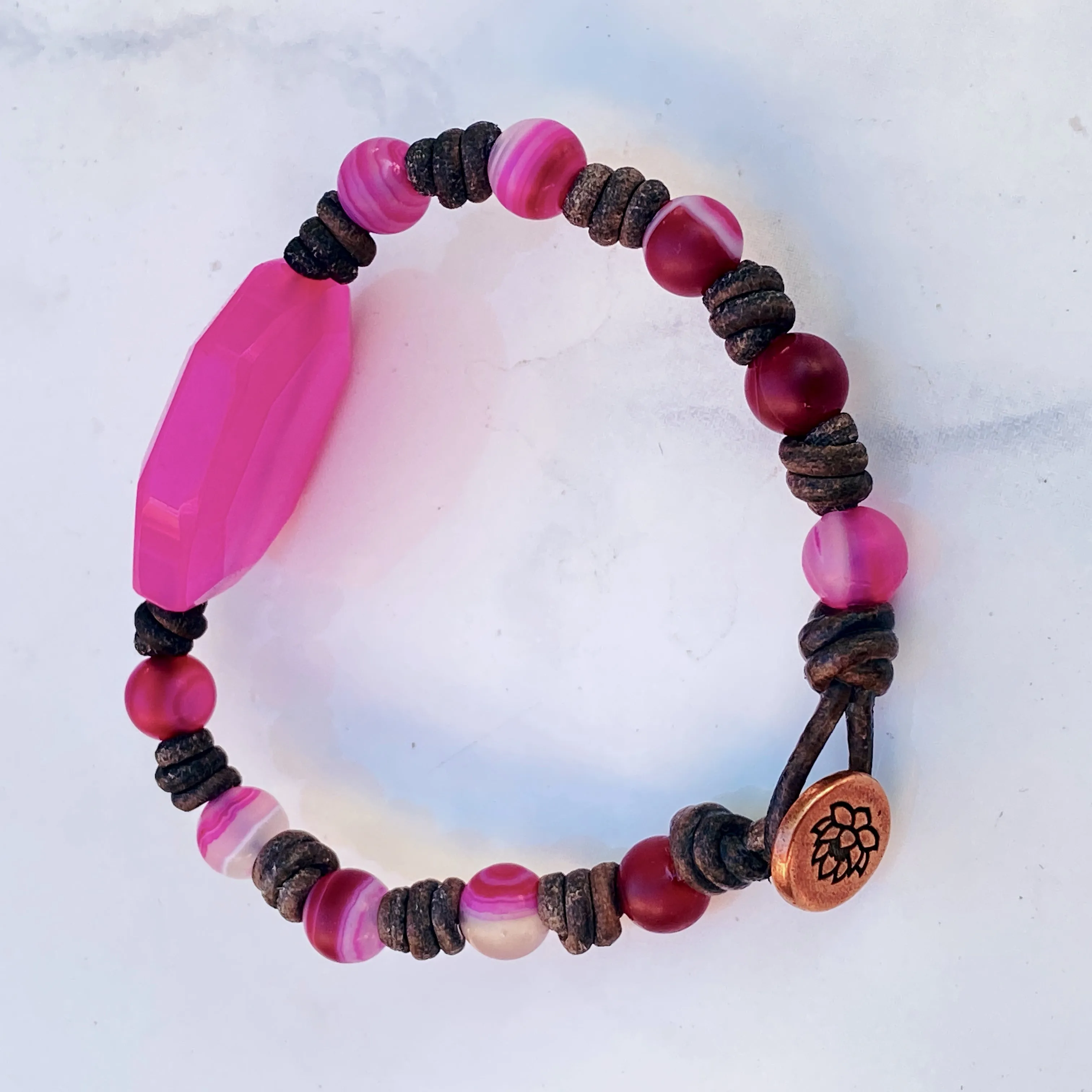 Leather and Pink Agate  Hand Knotted Bracelet