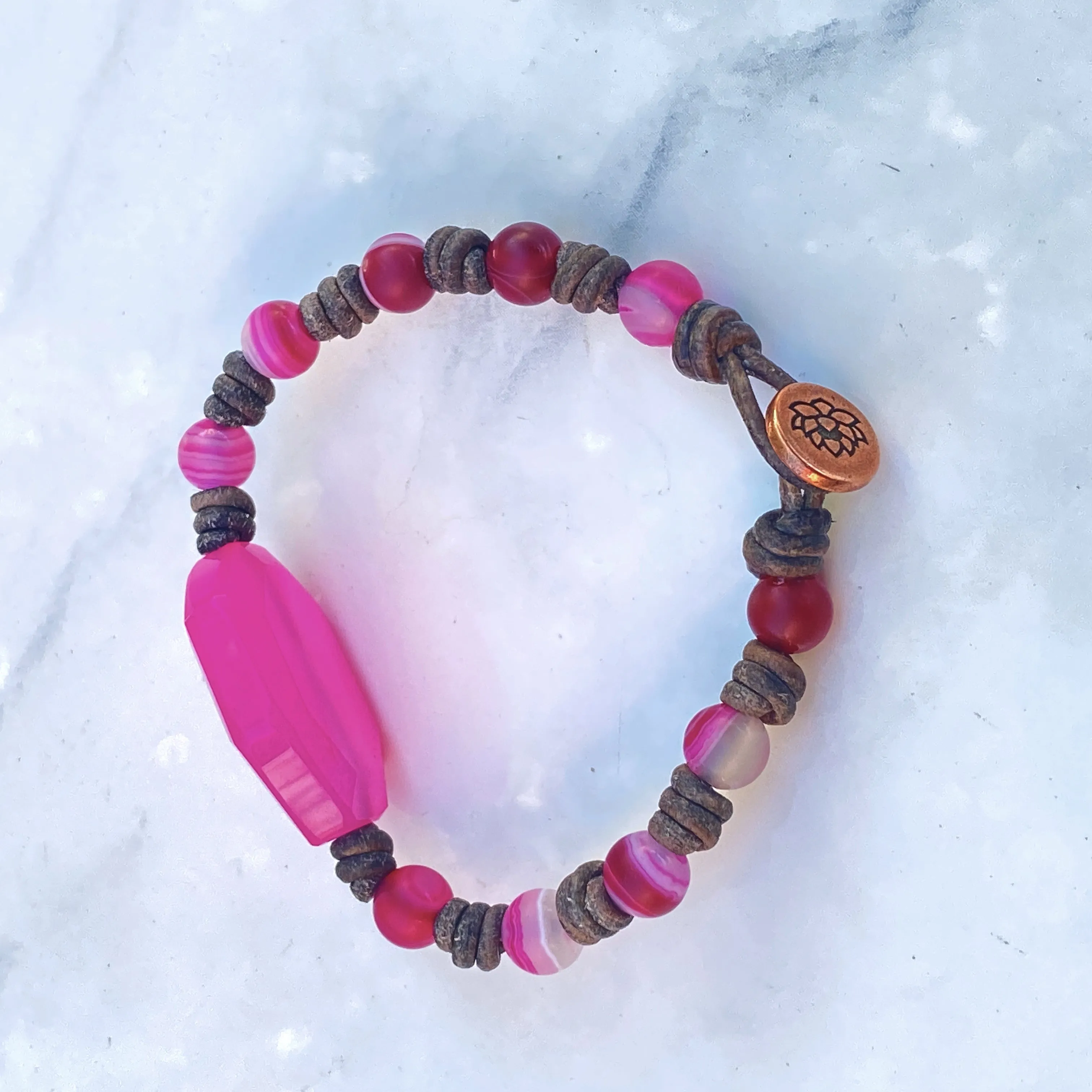 Leather and Pink Agate  Hand Knotted Bracelet