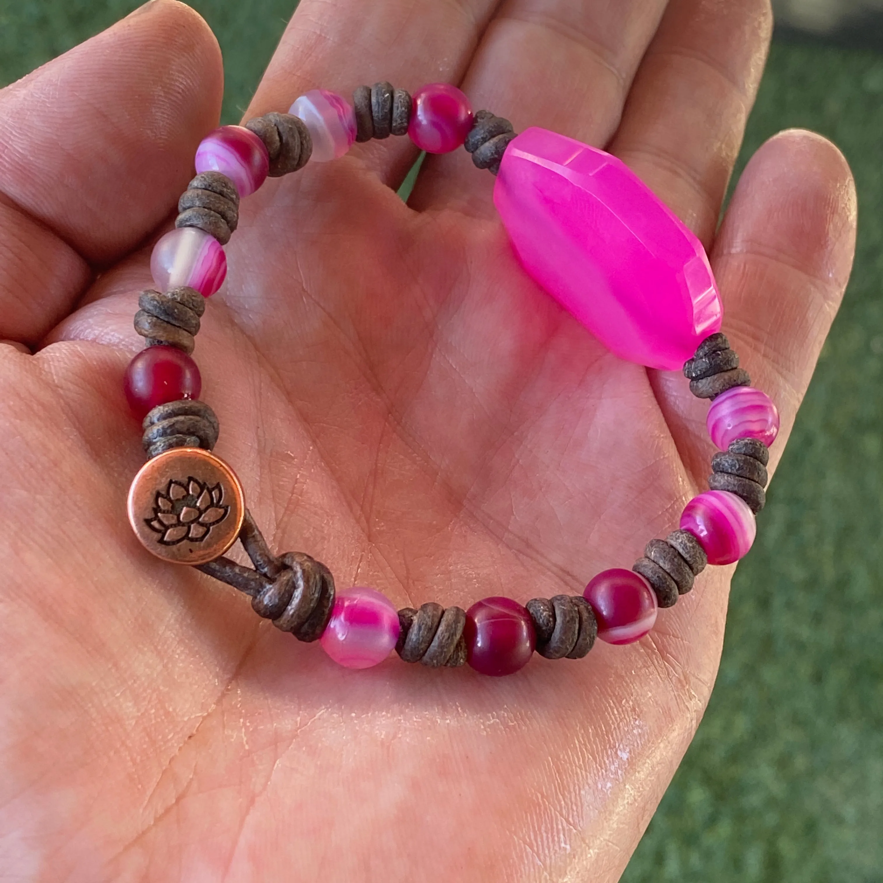 Leather and Pink Agate  Hand Knotted Bracelet