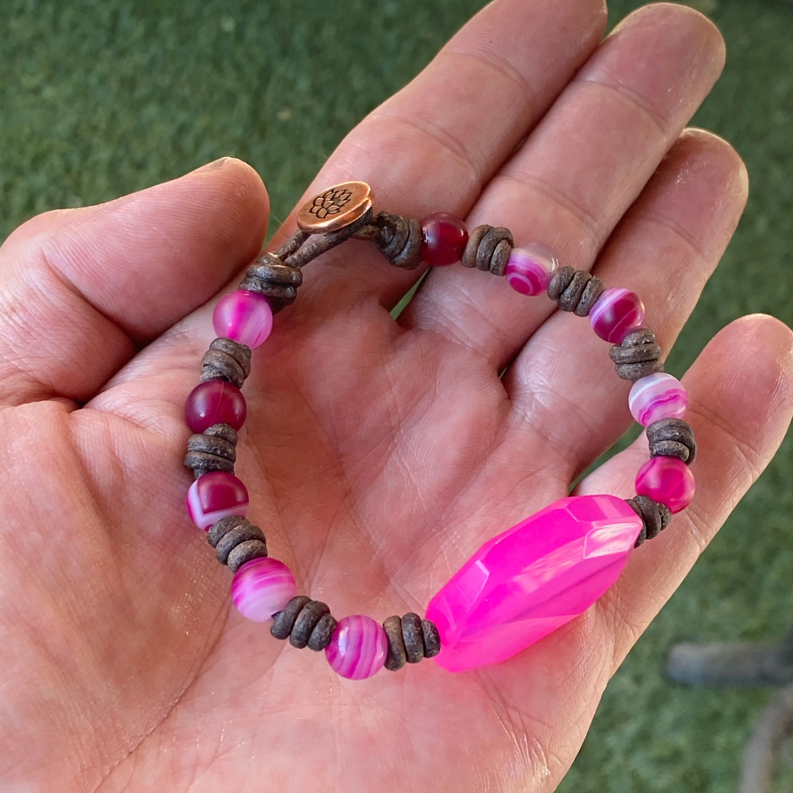 Leather and Pink Agate  Hand Knotted Bracelet