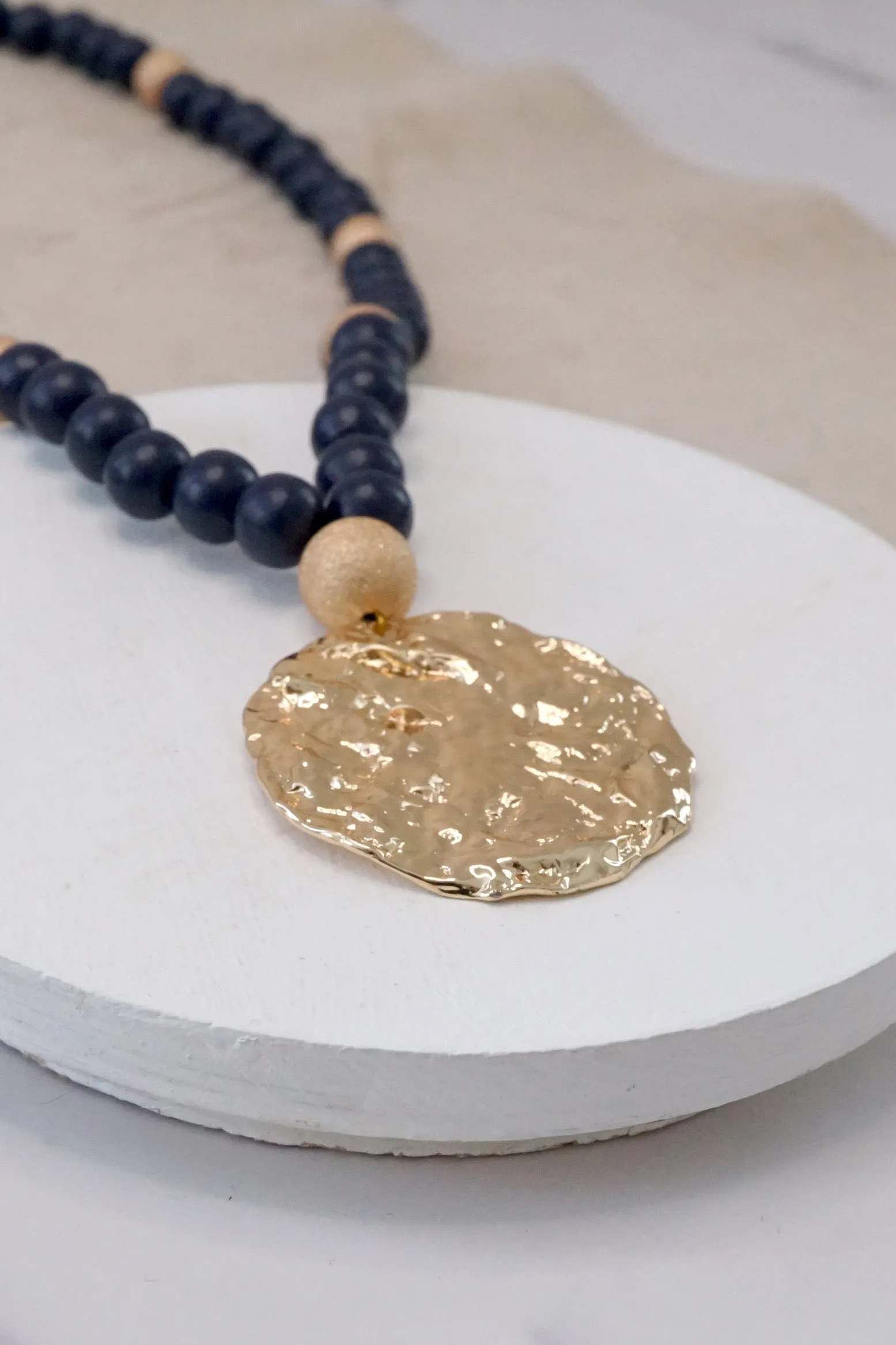 Long Wooden Bead Necklace with gold coin - Navy Blue