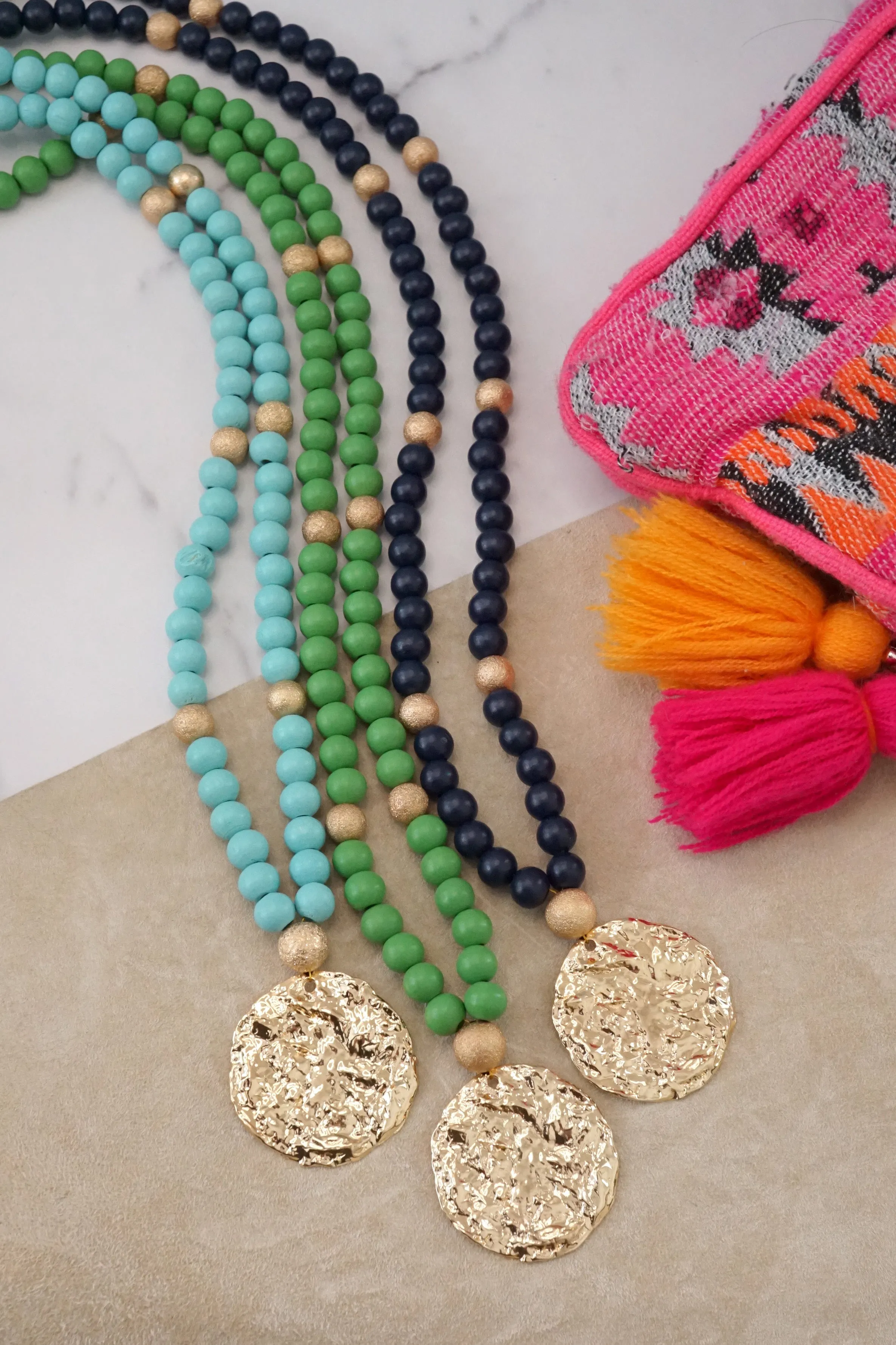 Long Wooden Bead Necklace with gold coin - Navy Blue