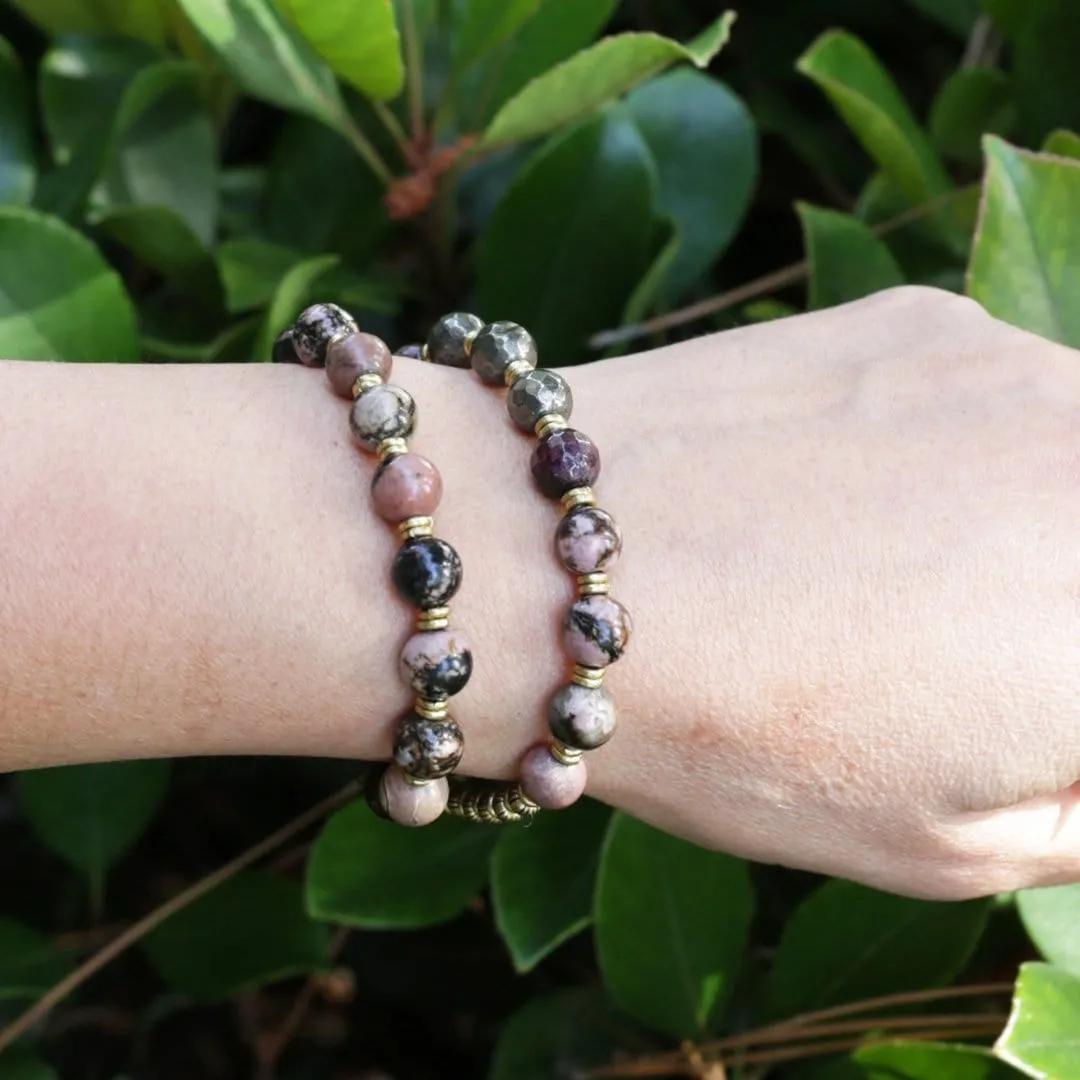 Love and Confidence Rhodonite Pyrite and Garnet Mala Bracelet