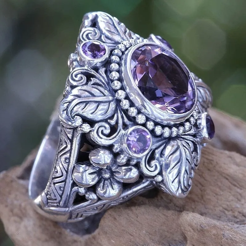 Luxury Amethyst Tree Leaf Flower Ring