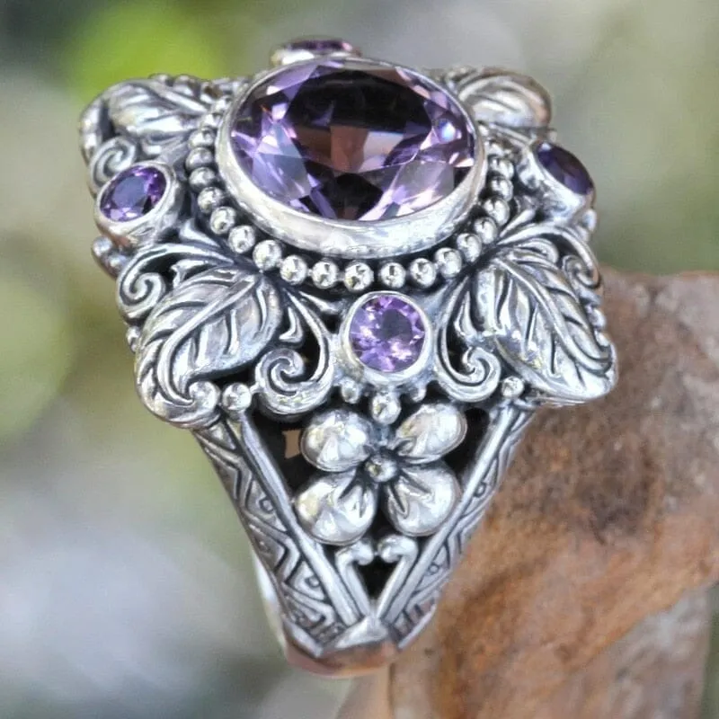 Luxury Amethyst Tree Leaf Flower Ring