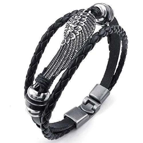 Men Women Genuine Leather Bracelet, Angel Wing Braided Cuff Bangle, Black Silver