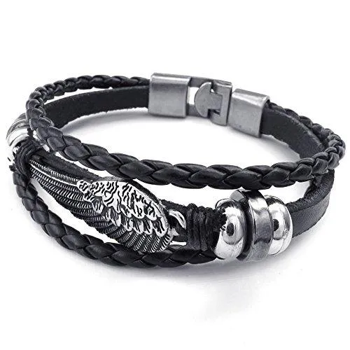 Men Women Genuine Leather Bracelet, Angel Wing Braided Cuff Bangle, Black Silver