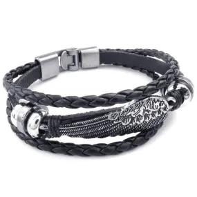 Men Women Genuine Leather Bracelet, Angel Wing Braided Cuff Bangle, Black Silver