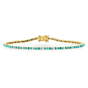 Mini 14K Gold Turquoise and Diamond Tennis Bracelet 4-Prong Setting