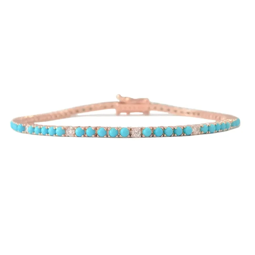 Mini 14K Gold Turquoise and Diamond Tennis Bracelet 4-Prong Setting