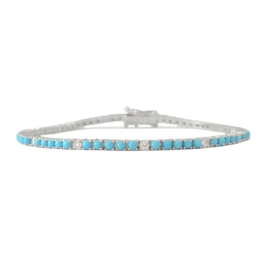 Mini 14K Gold Turquoise and Diamond Tennis Bracelet 4-Prong Setting