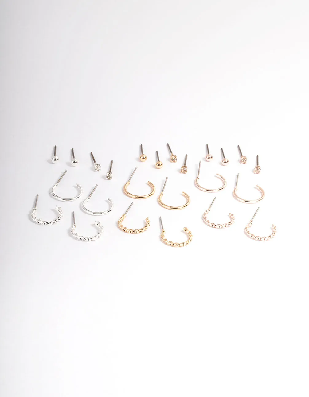 Mixed Metal Plain & Dimanate Stud & Hoop Earring 12-Pack