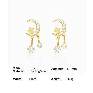 Moon star tassel drop CZ earrings Gold Vermeil