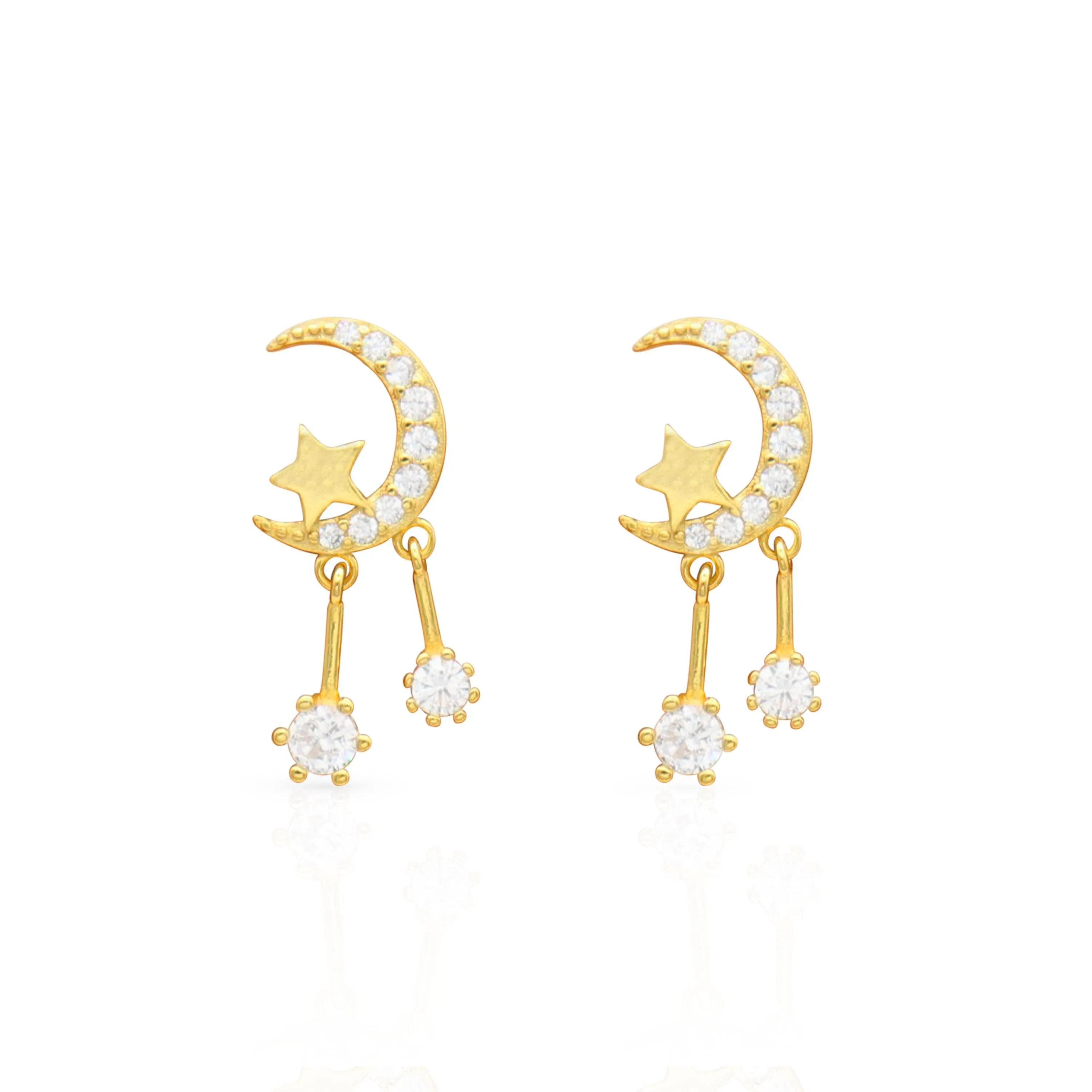 Moon star tassel drop CZ earrings Gold Vermeil