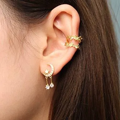 Moon star tassel drop CZ earrings Gold Vermeil