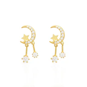 Moon star tassel drop CZ earrings Gold Vermeil