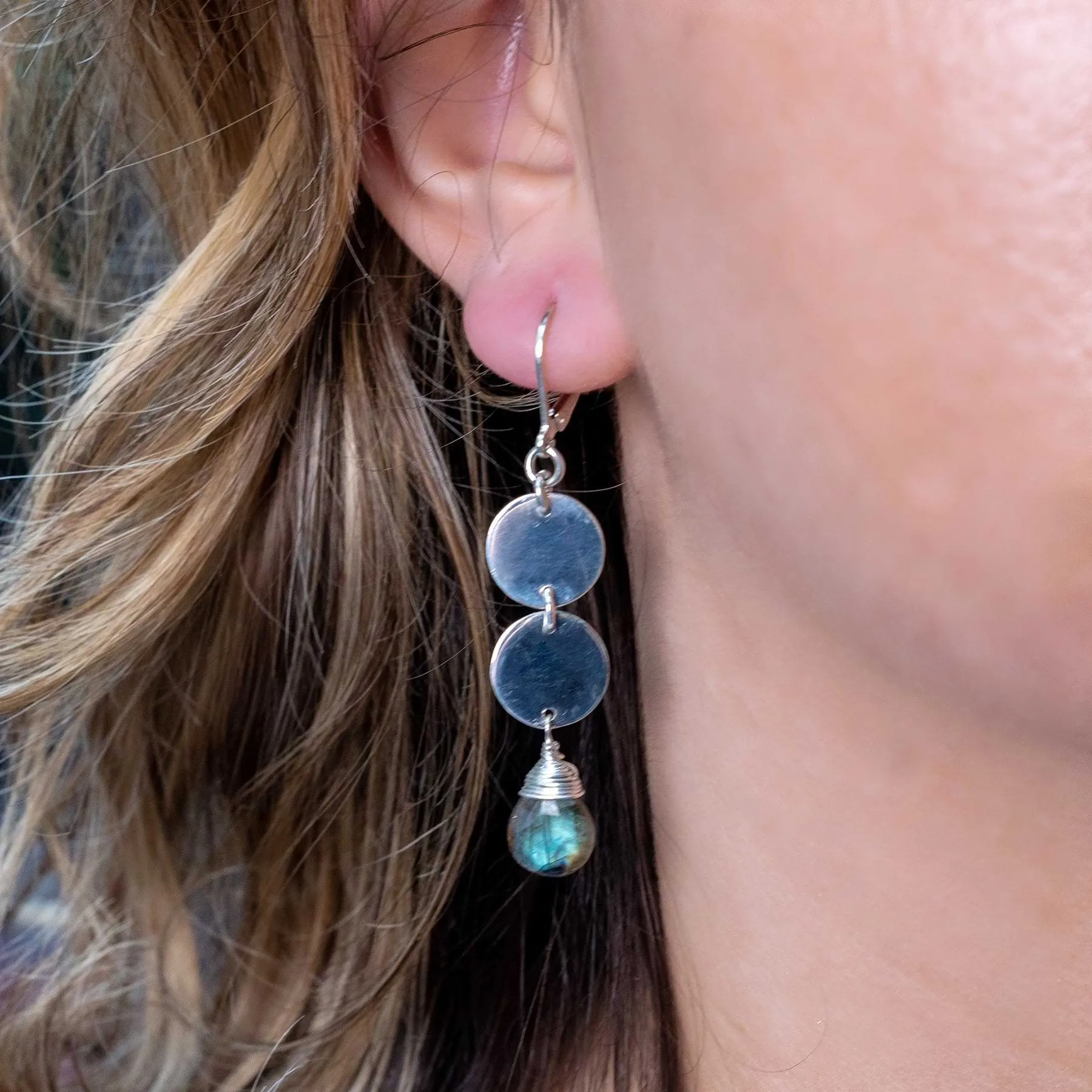 Moonlight - Labradorite Full Moon Silver Drop Earrings