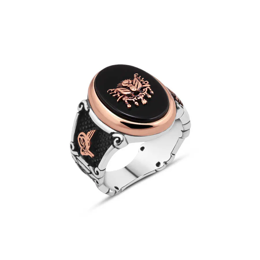 Ottoman Coat of Arms on Black Ellipse Onyx Stone Silver Men’s Ring Siding Ottoman Tughra