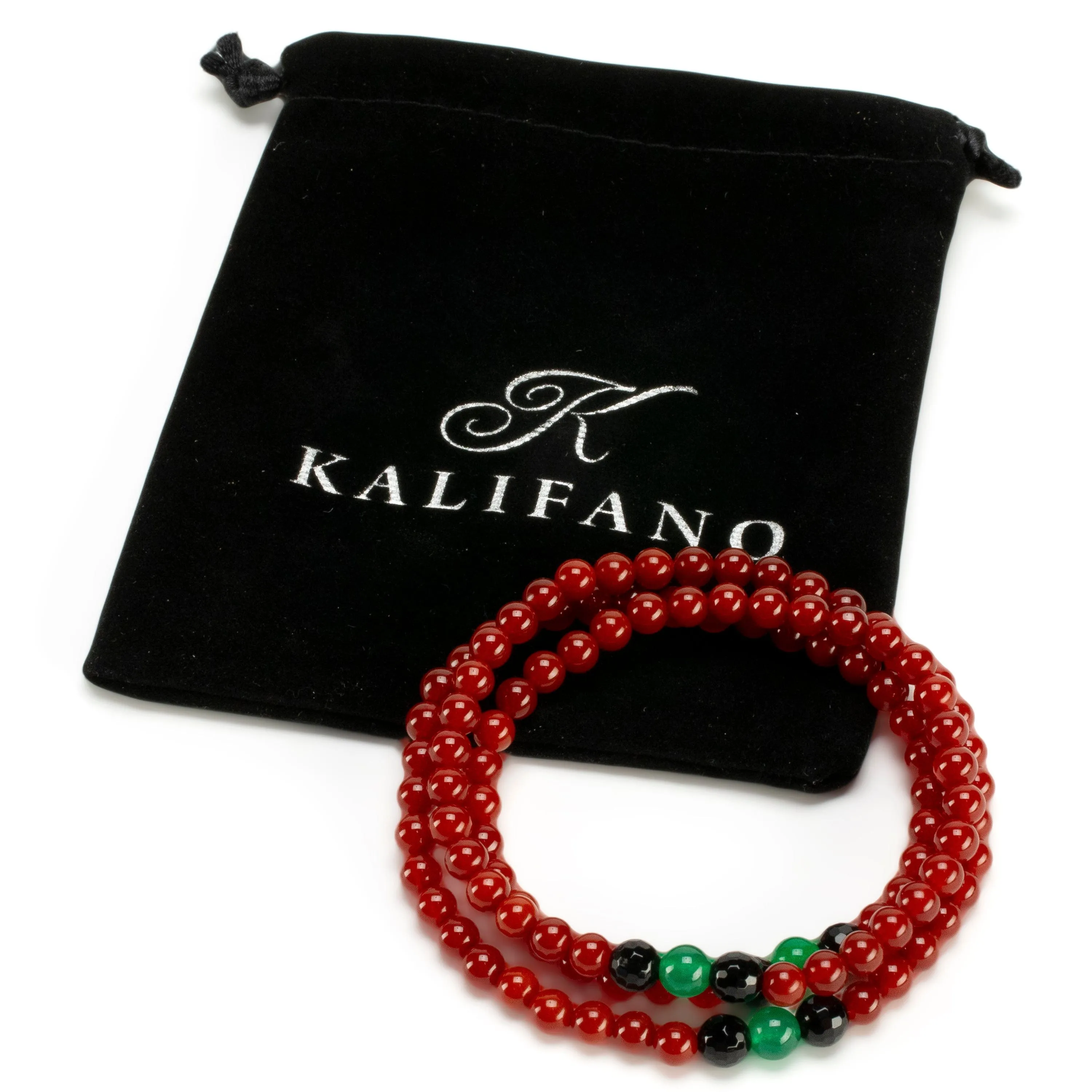 Red Agate 6mm Beads with Black Agate & Aventurine Accent Beads Triple Wrap Gemstone Elastic Bracelet