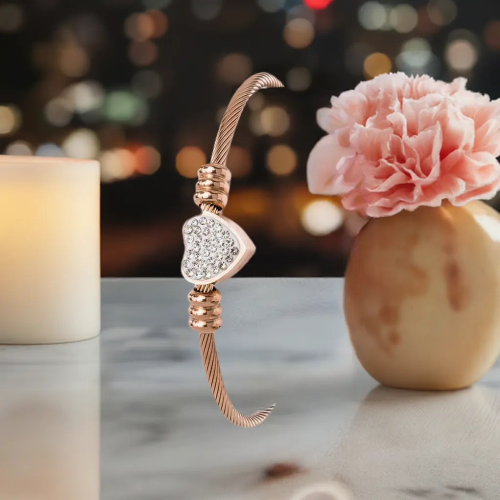 Elegant Rose Gold Stainless Steel Heart-Shaped Bangle with Sparkling Cubic Zirconia Accents