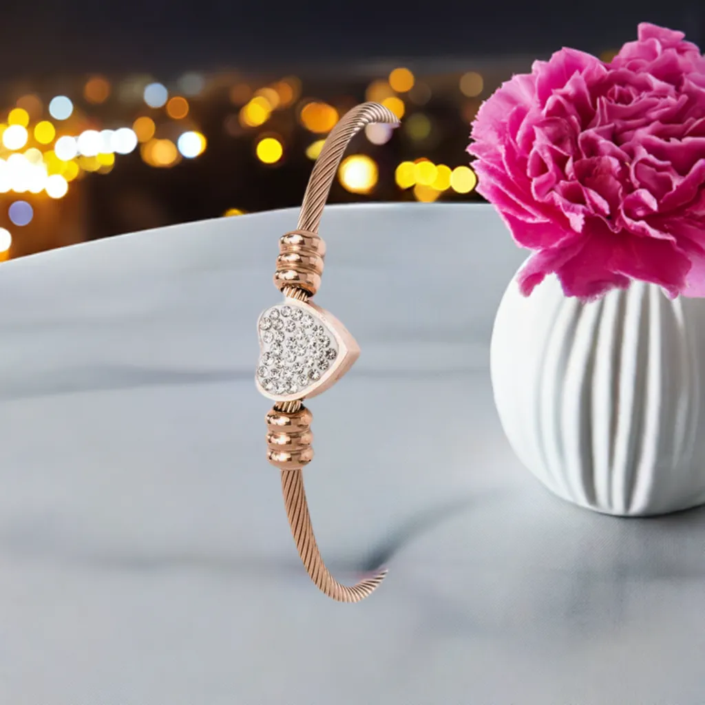 Elegant Rose Gold Stainless Steel Heart-Shaped Bangle with Sparkling Cubic Zirconia Accents