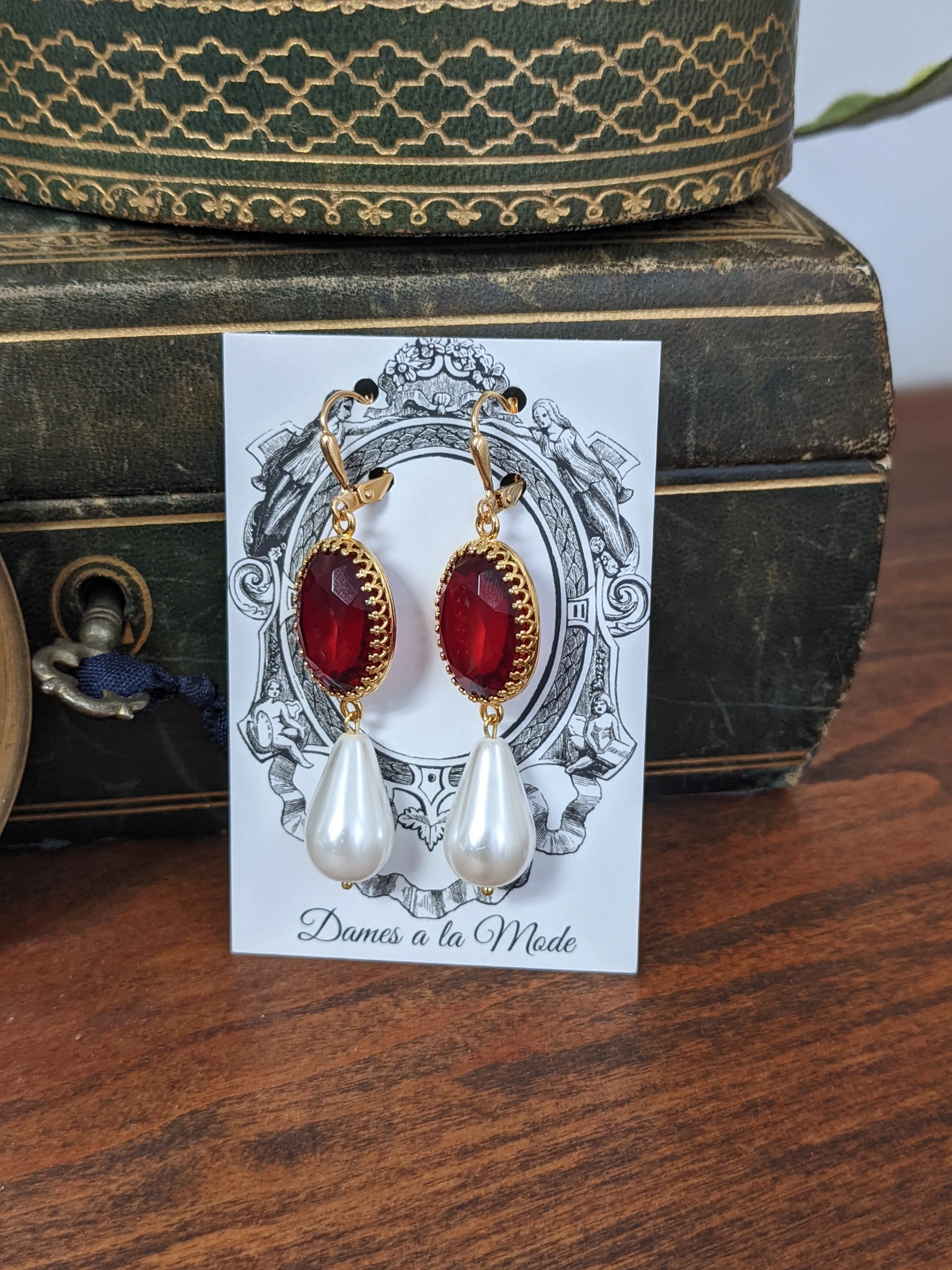 Ruby and Pearl Crown Earrings - Large Ovals