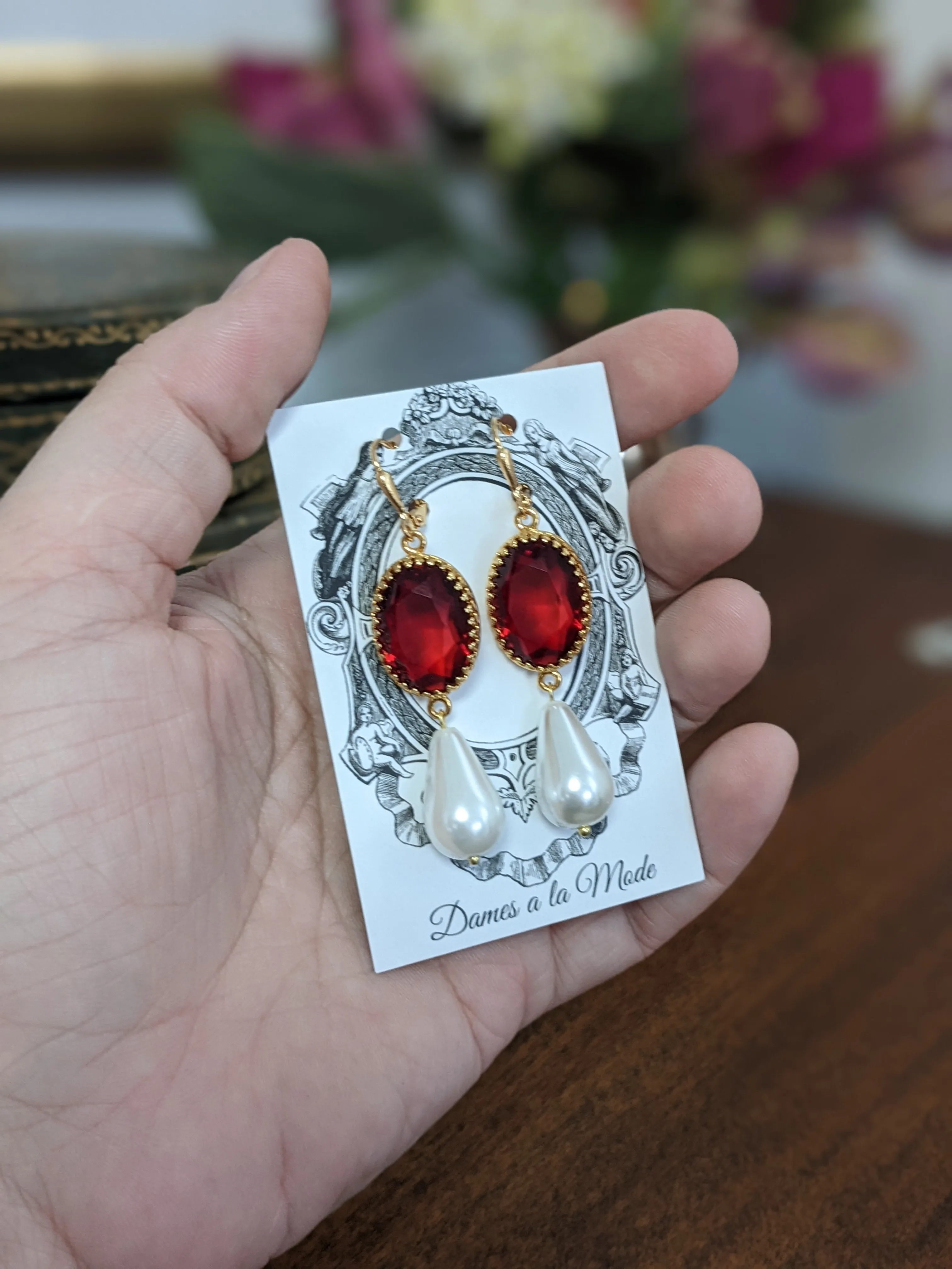 Ruby and Pearl Crown Earrings - Large Ovals