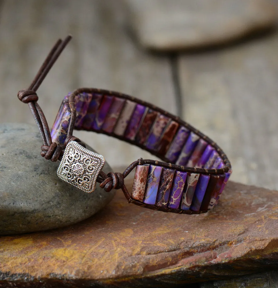 SALE - Purple Imperial Jasper Beaded Leather Bracelet