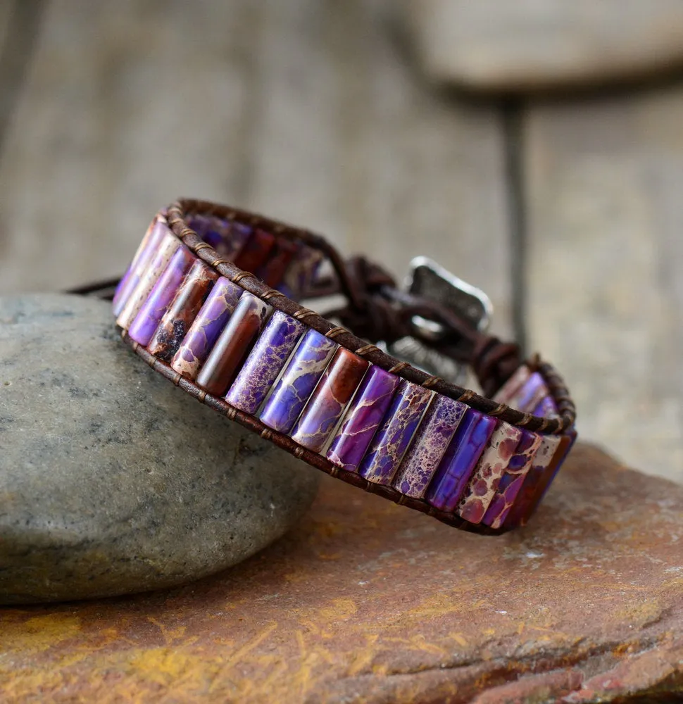 SALE - Purple Imperial Jasper Beaded Leather Bracelet