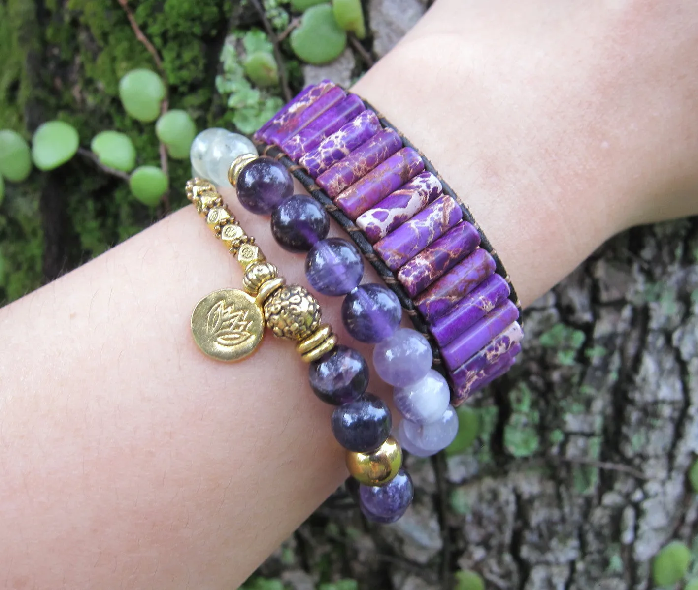 SALE - Purple Imperial Jasper Beaded Leather Bracelet